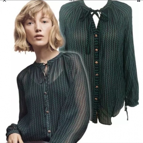 Anthropologie Maeve Della Sheer Navy Green Pattern Button Front Blouse - Picture 3 of 13